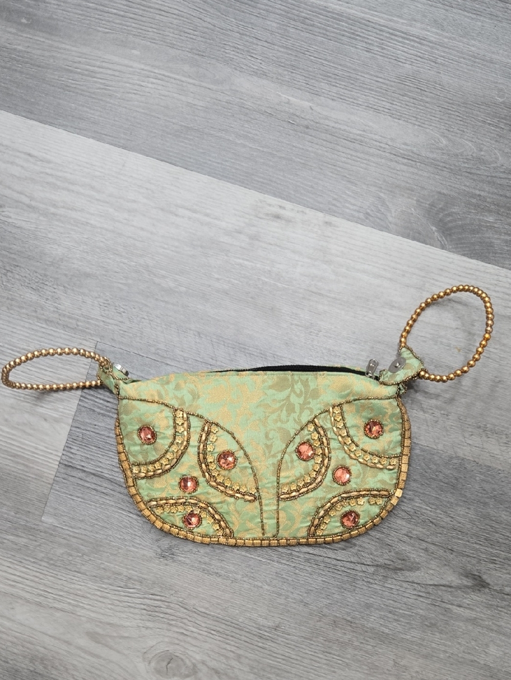 Embellished Mint Green Wristlet Clutch with Gold Beading